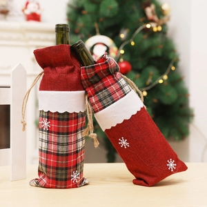 Christmas burlap wine bottle bags with plaid patterns and white snowflake embroidery