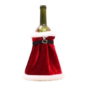 Christmas Santa style red wine bottle cover with velvet dress design and black belt detail