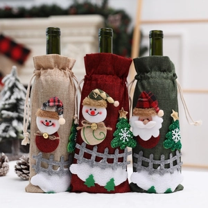 Three festive linen Christmas wine bottle bags with 3D Santa and snowman details