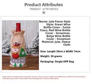 Detail showing linen Christmas wine bottle cover with snowman embroidery and dimensions