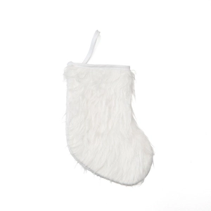 Detail of soft white faux fur Christmas stocking with hanging loop for tree decoration