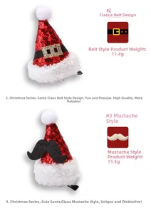 Detail of glittery Christmas hat hair clips with belt and mustache designs