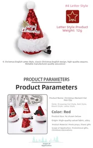 Detail showing red sequin Christmas mini hats with white fur trim and merry christmas lettering