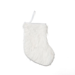 Plush white Christmas stocking with faux fur texture and hanging loop for tree decoration