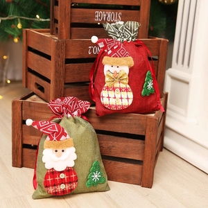Christmas Burlap Drawstring Gift Bag Cartoon Santa Claus Snowman Pattern Candy Apple Packaging Bag For Kids Party Decor