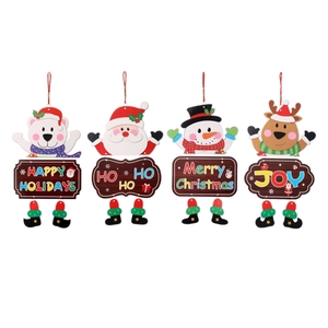 Detail of four Christmas hanging ornaments with Santa, Snowman and holiday greetings