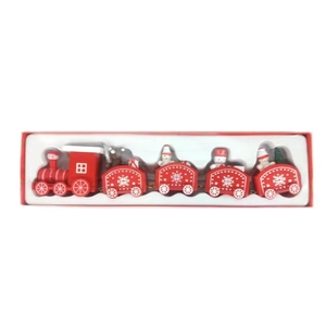 Petit train de Noël en bois rouge cinq pièces avec bonhomme de neige et coffret
