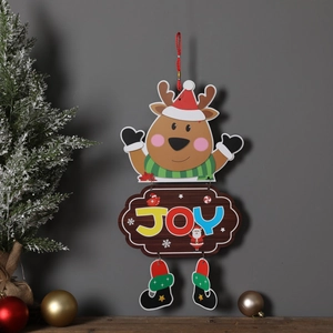 Detailed Christmas reindeer hanging sign with JOY letters and festive red boots decoration