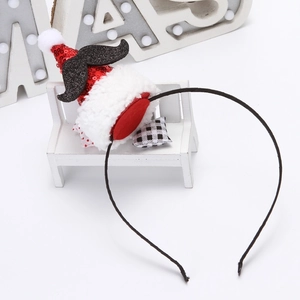 Festive Christmas headband with red sequin hat, white fur trim and funny black mustache detail