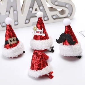 Set of 4 festive red sequin Christmas mini hat hair clips with festive decor details