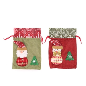 Christmas burlap drawstring gift bags with Santa Claus and Snowman applique designs