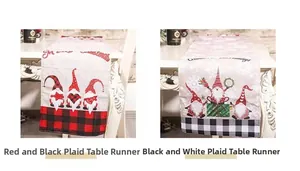 Detail of red and black buffalo plaid Christmas table runners with festive gnome designs