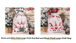 Detail of Christmas gnomes drawstring gift bags with plaid patterns on burlap fabric