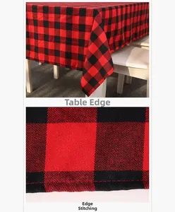 Detail of red and black buffalo plaid tablecloth showing corner drape and edge stitching