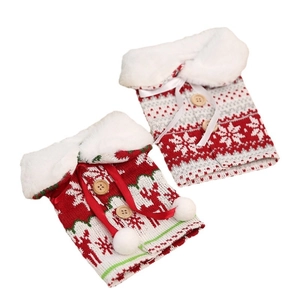 Christmas knitted snowflake wine bottle covers with faux fur collar and wood buttons