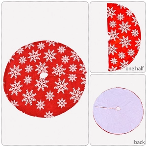 Detail view of red Christmas tree skirt with white snowflakes in full, half and back views