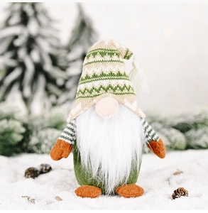 Standing green Christmas gnome plush with knitted geometric hat and long white beard