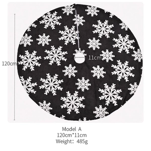 Detail showing 120cm grey plush Christmas tree skirt with white snowflake patterns