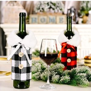 Christmas Buffalo Plaid Wine Bottle Cover With Faux Fur Collar Ribbon Bow Red Black Check Champagne Decoration For Holiday Party Home
