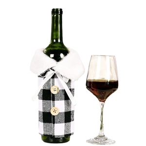 Christmas buffalo plaid wine bottle cover with faux fur collar and ribbon bow decoration