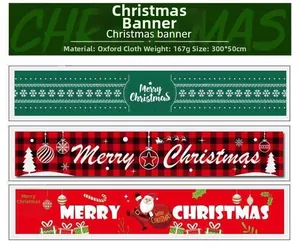 Three Oxford fabric Merry Christmas banners showing size 300x50cm and weight 167g