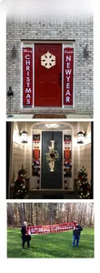 Detail of red buffalo plaid Christmas banners with Merry Christmas and Nutcracker motifs