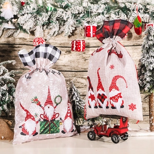 Large Christmas Gnome Drawstring Gift Bag Nordic Linen Plaid Fabric Santa Sack For Kids Holiday Gift Holiday Decoration