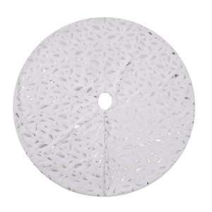 White Christmas tree skirt with silver foil feather patterns for festive home decoration