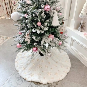 White Christmas Tree Skirt Faux Fur Long Plush Snowflake Sequin Embroidered Tree Mat Decoration For Holiday Home Party