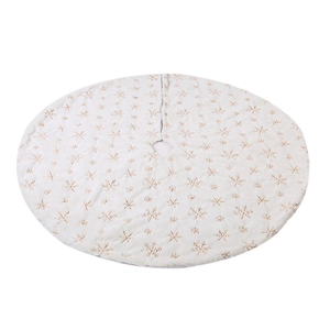 White plush Christmas tree skirt with golden sequin snowflake embroidery decorations
