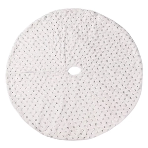 White Christmas tree skirt with silver sequin diamond patterns and quilted plush fabric