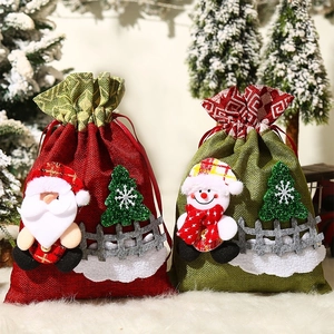 Weihnachten Kordelzug Geschenktüte Leinen 3D Weihnachtsmann Schneemann Lattenzaun Süßigkeiten Beutel Für Kinder Party Deko