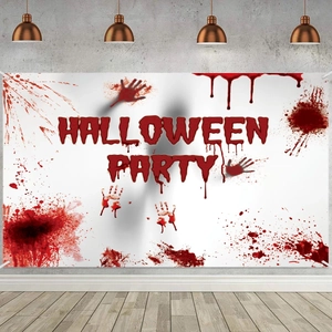 Halloween Party backdrop with blood spatters and handprints on industrial wall