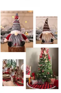 Detail of Christmas gnome ornaments with striped knit hats and soft artificial fur beards