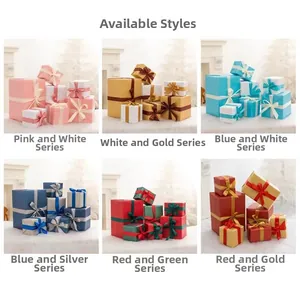 Detailed comparison of decorative gift boxes in six festive color schemes with satin bows