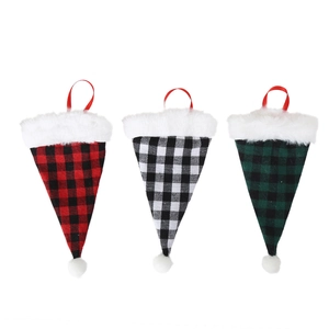 Christmas plaid cutlery holders set with plush trim and hanging loops in three colors