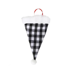 Christmas buffalo plaid cutlery holder with white plush trim and red hanging ribbon decoration