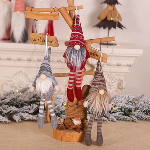 Set of 3 hanging Christmas gnome plush dolls with knitted hats and faux fur beards decor