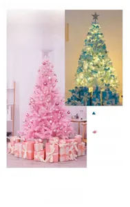 Detail view of pink and blue Christmas tree sets with matching ornaments and gift boxes