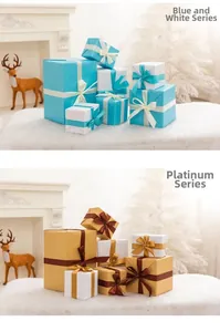 Detailed views of luxury blue and gold festive gift box sets with satin ribbon accents