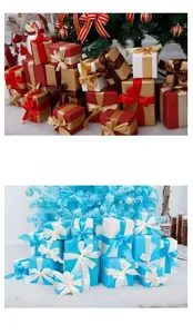 Detail of Christmas gift box set with elegant ribbon bows in red gold and blue white styles