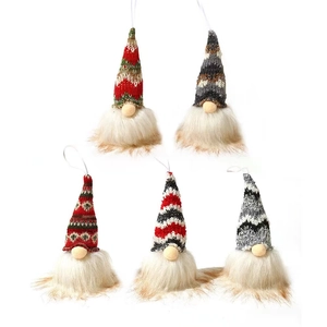 Set of 5 lighted Christmas gnomes with knitted hats and faux fur beards for holiday decor