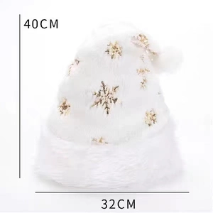 Detailed plush white Christmas hat with gold sequin snowflake and 40x32cm size guide