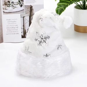 White plush Christmas hat with silver sequin snowflakes and fluffy pompom decoration