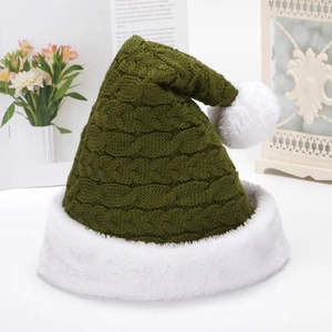 Army green thick cable knit Christmas hat with soft white plush pompom and trim
