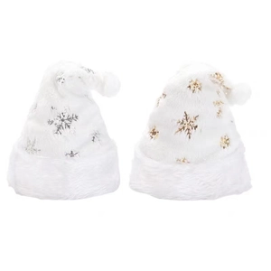 White plush Christmas hat with embroidered gold and silver sequin snowflake patterns