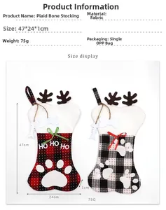 Detail of Christmas plaid bone stockings with measurements and reindeer antlers decoration
