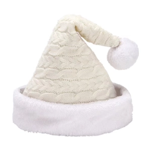 Thick cable knit beige Christmas hat with white faux fur pompom and plush trim