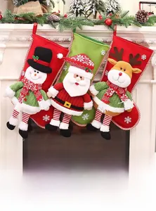 Detailed view of 3D Christmas stockings with Santa and snowman by a cozy fireplace