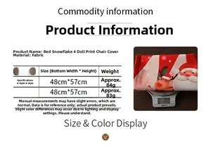 Detailed size chart and weight measurement for red Christmas chair cover with Santa print